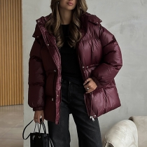 Fashion Warm Stand Collar Long Sleeve Front Button Drawstring Waist Hooded Quilted Coat