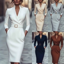 Elegant Solid Color V-neck Long Sleeve Side Pockets Bodycon Dress