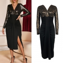 Fashion Leopard Printed Bodice V-neck High-rise Front Ruched Side Slit Party Dress