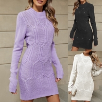 Fashion Crew Neck Long Sleeve Cable Knitted Bead Sweater Dress