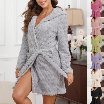 Fashion Solid Color Lapel Hooded Self-tie Plush Robe