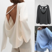 Fashion Solid Color Crew Neck Backless Long Sleeve Sweater