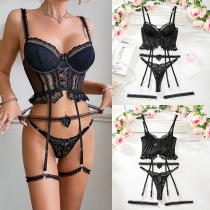 Sexy Criss-cross Ruffle Three-piece Lace Lingerie Set