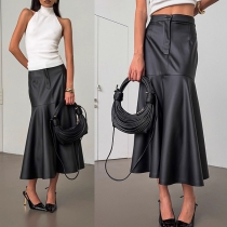 Fashion High-rise Ruffle Hemline Artificial Leather PU Skirt