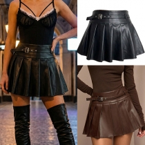 Fashion Solid Color Pleated Buckle Artificial Leather PU Mini Skirt