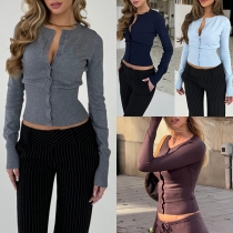 Fashion Front Button Long Sleeve Ribbed Cardigan