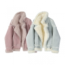 Fashion Artificial Fur Lined Long Sleeve Side Zipper Jacket