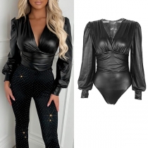 Fashion V-neck Puff Long Sleeve Artificial Leather PU Bodysuit