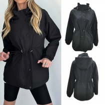 Fashion Solid Color Drawstring Waist Hoodie Waterproof Jacket