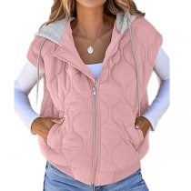 Fashion Contrast Color Detachable Drawstring Hooded Quilted Vest