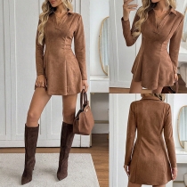 Stand Collar V-neck Long Sleeve Pleated Dress
