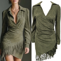 Fashion Stand Collar V-neck Long Sleeve Irregular Tassle Hemline Bodycon Dress