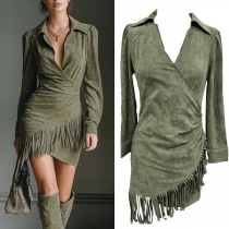 Fashion Stand Collar V-neck Long Sleeve Irregular Tassle Hemline Bodycon Dress