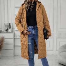 Fashion Solid Color Hooded Long Sleeve Quilted Longline Jacket