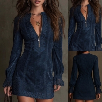 Fashion Lace Spliced Half-zipper Long Sleeve Bodycon Dress