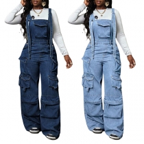 Fashion Multi-pockets Patch Pockets Straight-cut Old-washed Denim Suspender Jumpsuit