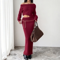 Fashion Knitted Two-piece Set Consist of Off-the-shoulder Sweater and Maxi Skirt