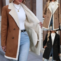 Vintage Notch Lapel Long Sleeve Double-breasted Warm Plush Lined Artificial Suede Jacket