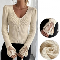 Fashion V-neck Front Bead Lace Spliced Long Sleeve Ribbed Shirt
