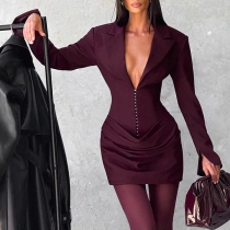 Fashion Notch Lapel Long Sleeve Ruched Bodycon Dress