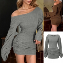 Fashion Slant Shoulder Ruched Long Sleeve Bodycon Mini Dress