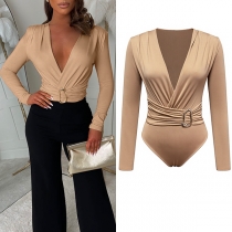 Fashion Solid Color V-neck Long Sleeve Metal Buckle Bodysuit
