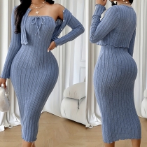 Fashion Ribbed Two-piece Set Consist of Crop Cardigan and Ribbed Bodycon Dress