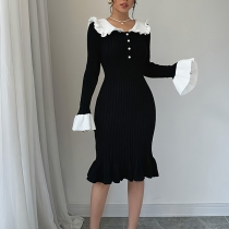 Fashion Contrast Color Ruffle Stand Collar Long Sleeve Bead Ribbed Dress