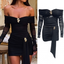 Sexy Off-the-shoulder Metal Buckle Long Sleeve Ruched Bodycon Party Dress