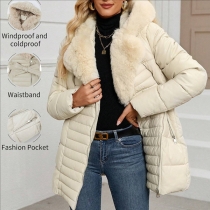 Fashion Notch Lapel Long Sleeve Slant Zipper Hoodie Warm Plush Lined Quilted Coat