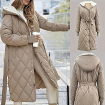 Fashion Long Sleeve Hooded Qulited Jacket with Belt