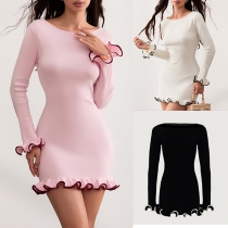 Fashion Solid Color Crew Neck Long Sleeve Ruffle Hemline Mini Dress