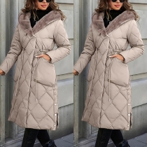 Fashion Plush Lined Long Sleeve Drawstring Waist Side Button Quilted Longline Coat