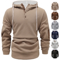 Fashion Button V-neck Drawstring Hooded Long Sleeve Texture Sweatshirt for Men