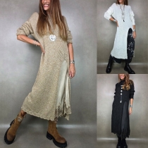 Casual Crew Neck Long Sleeve Side Slit Knitted Dress