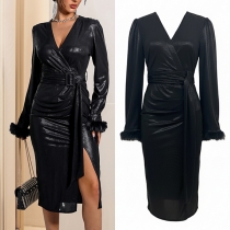 Fashion V-neck Long Sleeve with Plush Spliced, Front Slit Black Dress with Belt