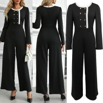 Fashion Contrast Color Crew Neck Double-breasted Long Sleeve Straight-cut Jumpsuit