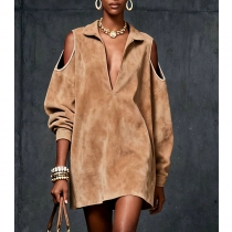 Fashion Stand Collar V-neck Open-shoulder Long Sleeve Mini Dress