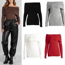 Fashion Off-the-shoulder Long Sleeve Knitted Shirt