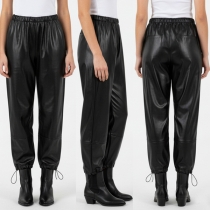 Loose Fit Elastic Wasit Artificial Leather PU Pants with Drawstring Cuffed Ankles for Streetwear