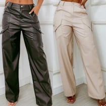 Fashion Side Pockets Straight-cut Artificial Leather PU Pants