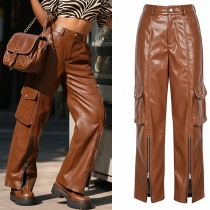 Vintage Side Patch Pockets Front Zip Slit Straight-cut Artificial Leather PU Pants