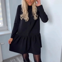 Fashion Solid Color Crew Neck Long Sleeve Tutu Mini Dress