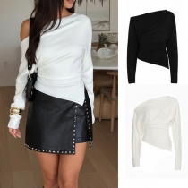 Fashion Slant Shoulder Long Sleeve Side Slit Irregular Hemline Shirt