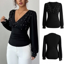 Fashion V-neck Long Sleeve Bead Shirt
