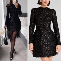 Fashion Bling-bling Crew Neck Long Sleeve Sequined Dress with Belt