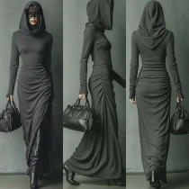 Fashion Long Sleeve Side Slit Hooded Maxi Dress