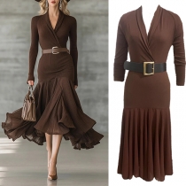 Fashion Lapel V-neck Long Sleeve Ruffle Hemline Midi Dress (without Belt)