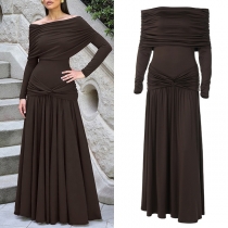 Elegant Off-the-shoulder Long Sleeve Ruched Maxi Dress