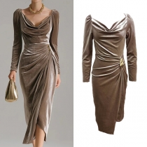 Fashion Draped Square Neck Long Sleeve Side Buckle Ruched Side Slit Velvet Dress